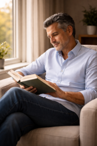 persona leyendo libro sobre crecimiento personal