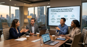 Equipo resolviendo un conflicto mediante comunicación efectiva.