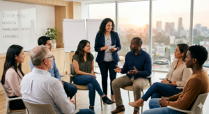 Personas practicando habilidades de comunicación y escucha activa.