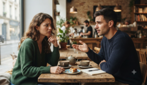 Dos personas enfrentando un malentendido durante una conversación
