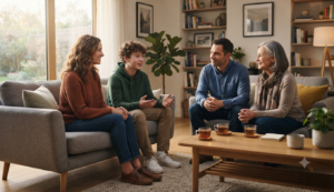 Familia fortaleciendo su comunicación mediante la escucha