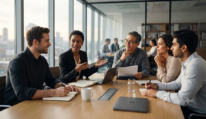 Equipo de trabajo resolviendo conflictos mediante una buena comunicación